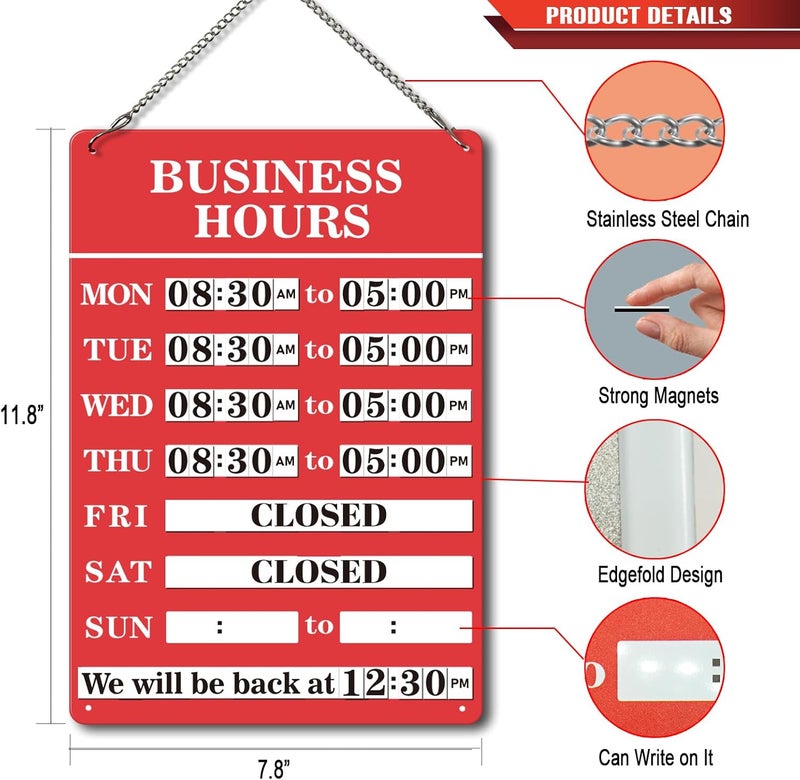 Magrooyar Magnetic Changeable Business Hours Sign, Metal Hours of Operation Signs for Business, Store Hours Sign for Glass Door or Window (RED) - Image 4